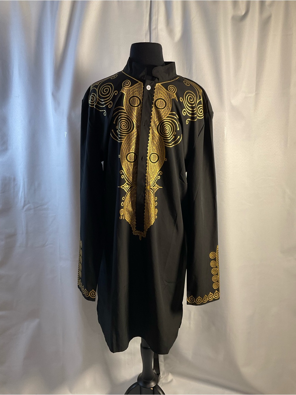 Dashiki Men's Long-Sleeve Button-Down Shirt with Gold Embroidery